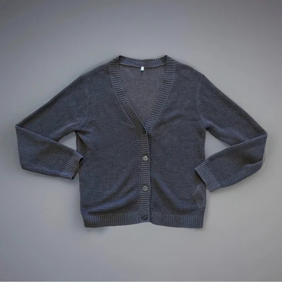 Muji Linen Blend Cardigan Sweater Sz M Womens Blue V Neck Mesh Minimal Open Knit - Picture 2 of 13